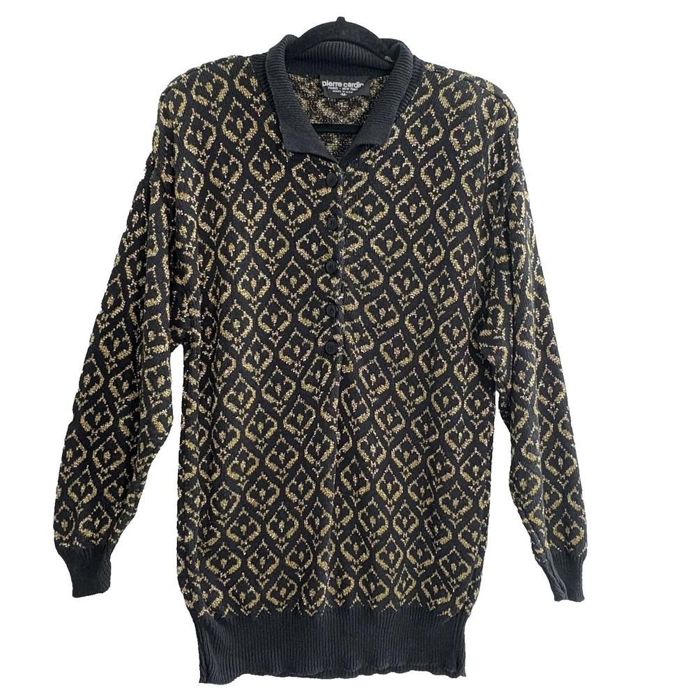 Vtg PIERRE CARDIN Women Pullover Crew Neck Henley Sweater Sz M Black Gold 93-28